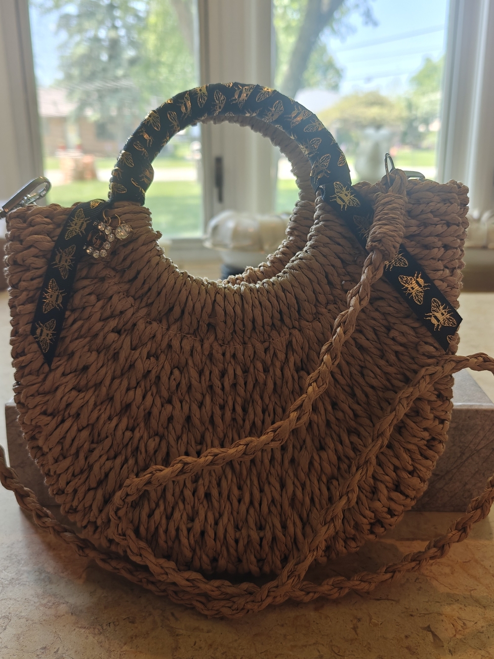 Woven Straw Circle Tote Bag with Bee Ribbon Rapped Handle And GG Charm - Picture 4 of 4